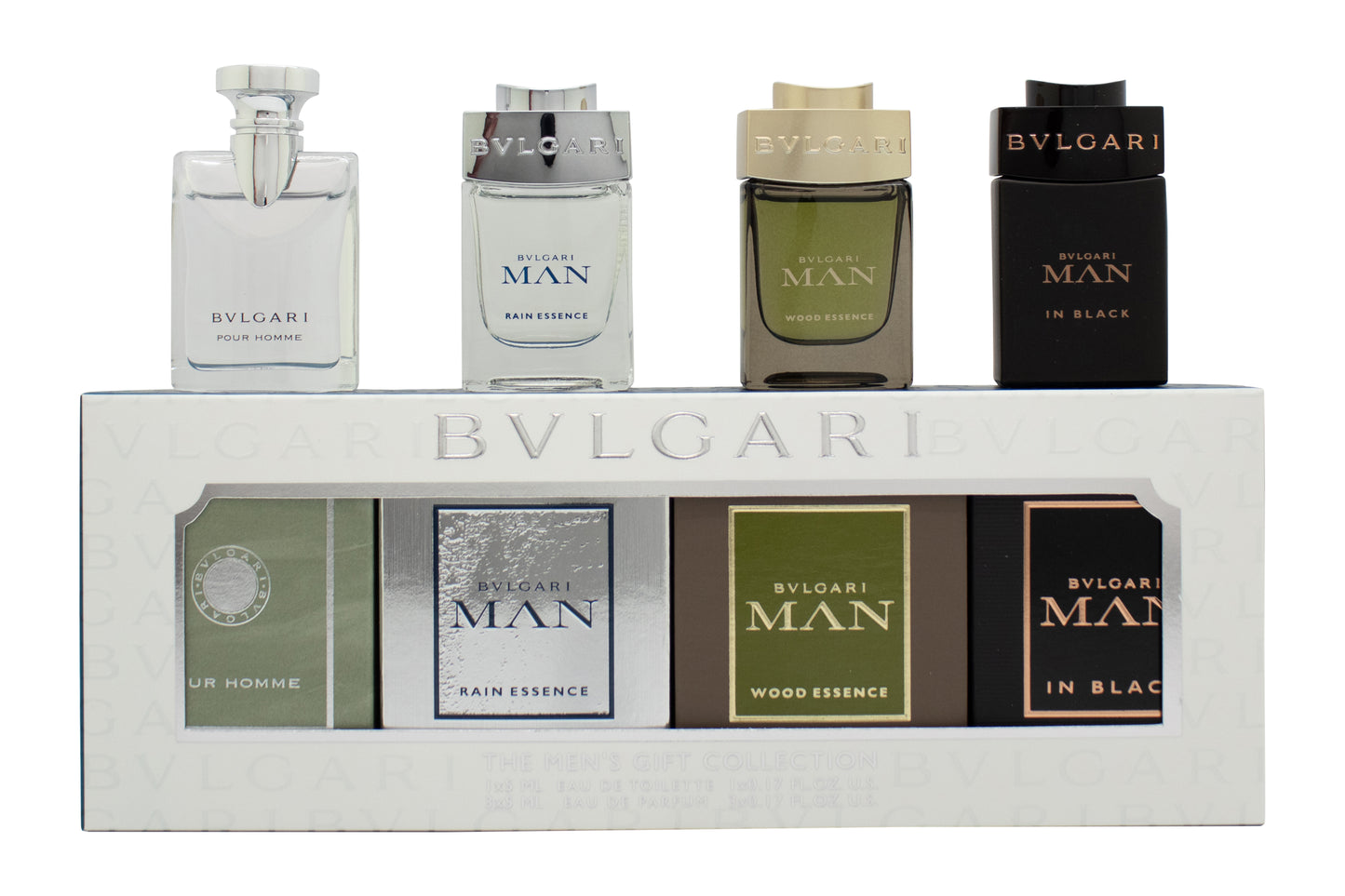 Bvlgari Miniatures for- him Gift Set 5ml Pour Homme EDT + 5ml Man Rain Essence EDP + 5ml Man Wood Essence EDP + 5ml Man In Black EDP